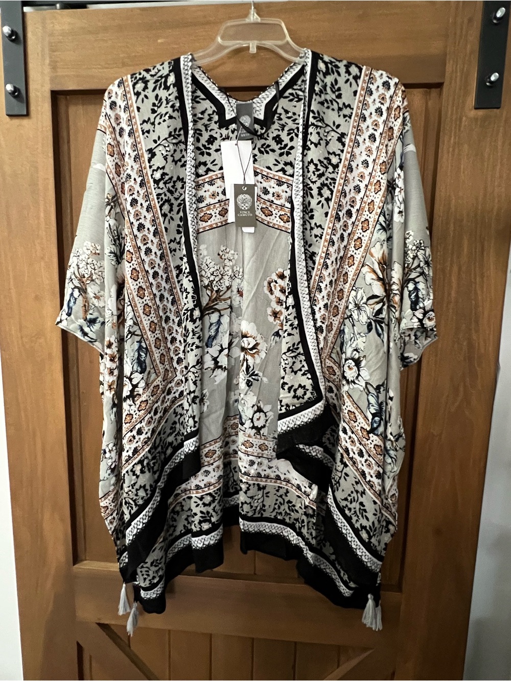 Vince Camuto Black, Cream & Tan Floral Border Kimono